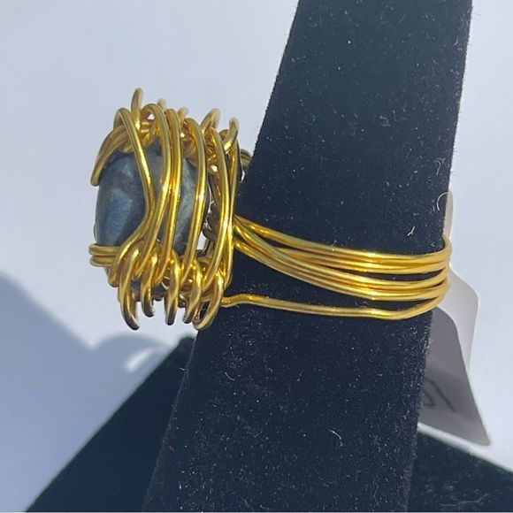 BLUE AVENTURINE QUARTZ ADJUSTABLE WIREWRAPPED CHUNKY GEMSTONE RING - Picture 9 of 16